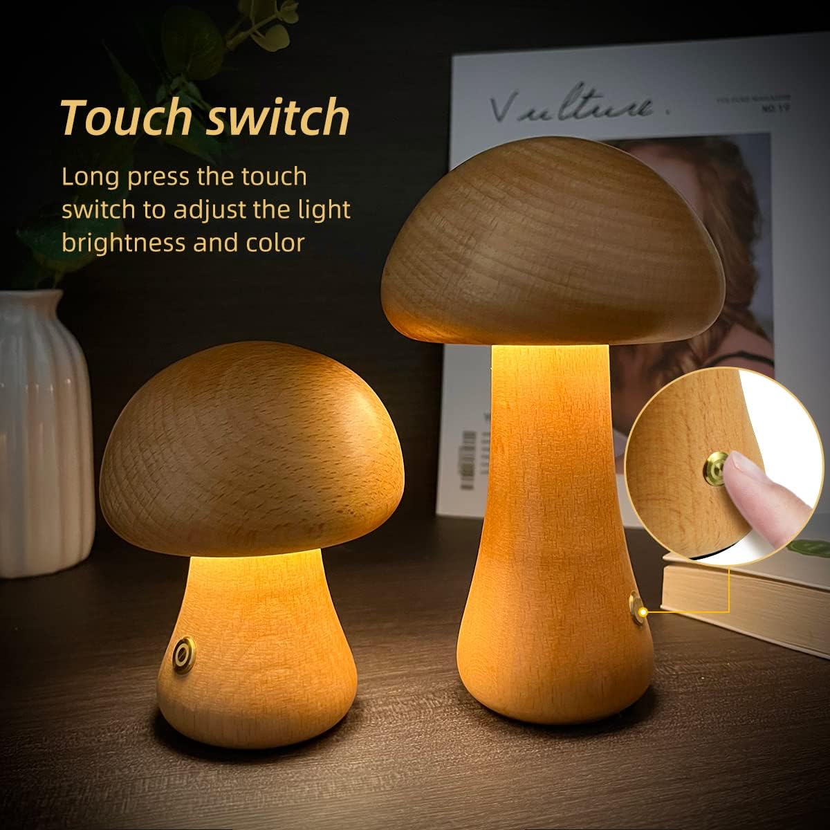 Lampe de Nuit Champignon en Bois Tactile – Éclairage LED doux et amusant pour la chambre d'enfant ou le salon