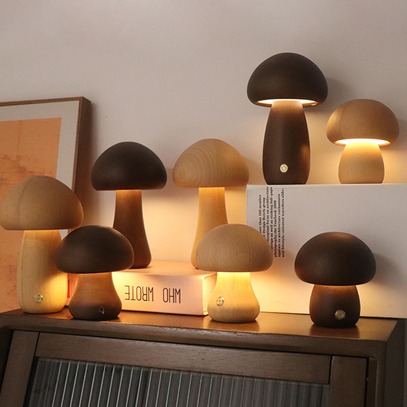 Lampe de Nuit Champignon en Bois Tactile – Éclairage LED doux et amusant pour la chambre d'enfant ou le salon